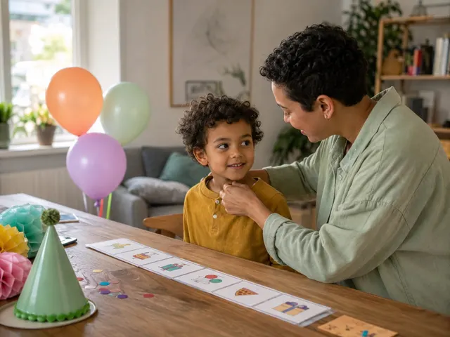 A parent gently talking with a young child at the table before a birthday party, surrounded by balloons and party hats