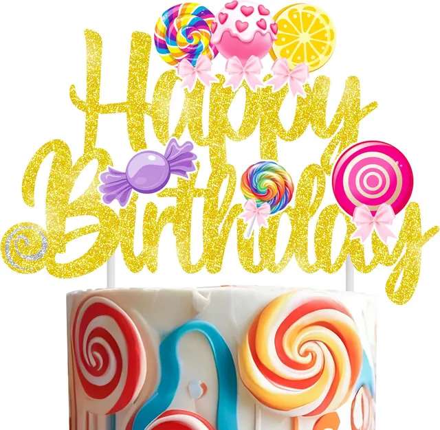 Lollipop Birthday Cake Topper, Gold Glitter