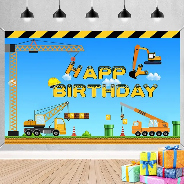 Construction Theme Happy Birthday Backdrop — Dump Truck, Crane, Excavator Photography Background