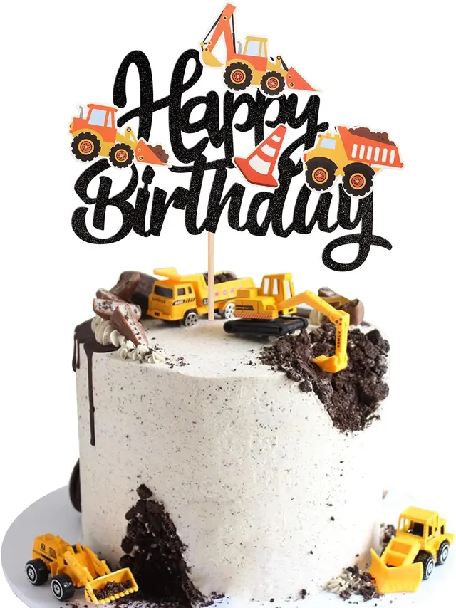 Construction Happy Birthday Cake Topper — Glitter Dump Truck/Excavator/Tractor Pick, Black