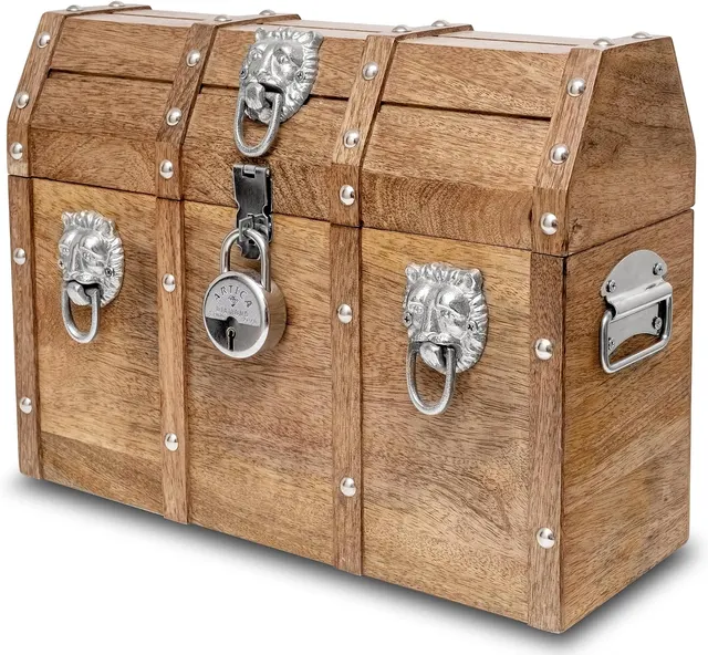 Handmade Wooden Pirate Treasure Chest with Lock, 16x12in