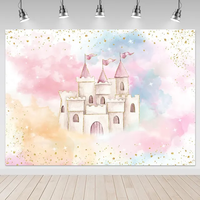 Mocsicka Princess Castle Backdrop for Girls Birthday — Pastel Watercolor Pink Royal Castle Photography Background, 7x5ft