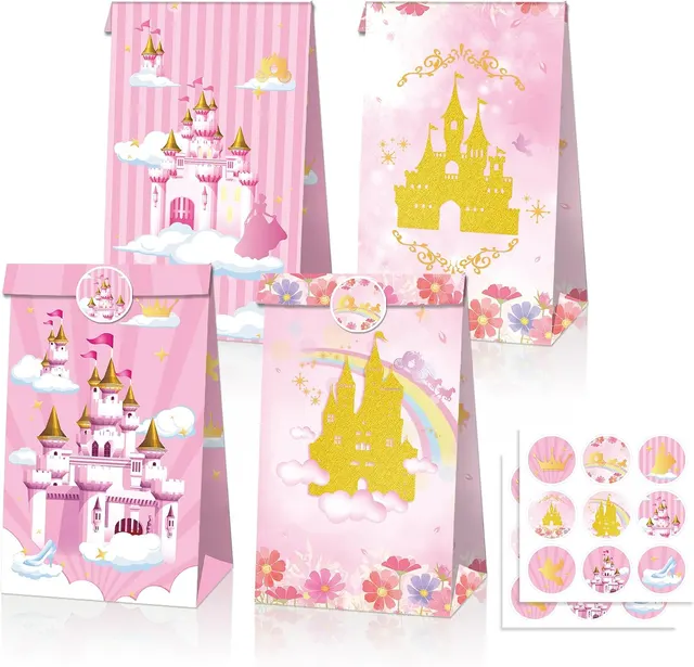 Princess Party Favor Bags, 24pc w/ Stickers — Pink Gold Castle Candy Gift Bags
