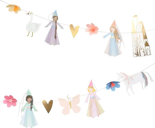 Meri Meri Princess Garland, 12ft — Princesses, Unicorn, Castle, Gold Hearts, Swan