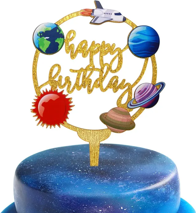 Happy Birthday Acrylic Cake Topper for Outer Space Theme — Rocket, Galaxy, Planet Cake Topper (Gold)