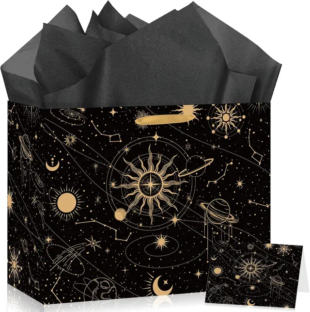 Galaxy Gift Bag — Mystical Outer Space Solar System, Black & Gold Universe/Planet/Star/Sun/Moon, with Tissue Paper & Card