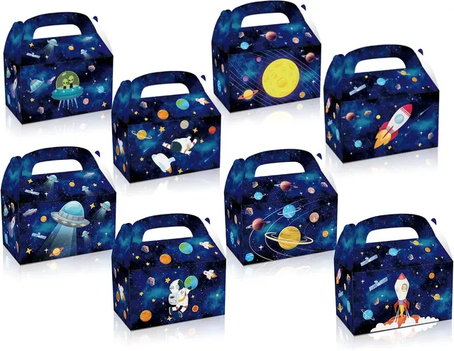 Outer Space Party Favor Boxes, 12-Pack — Galaxy, Universe, Planet, Rocket Print, Kraft Paper Gable Boxes with Handle