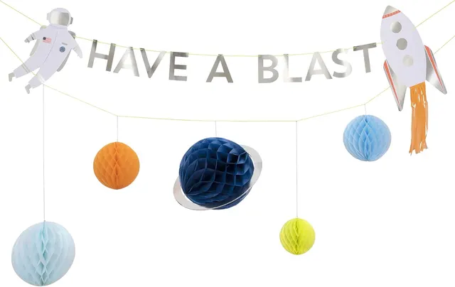 Meri Meri Space Party Banner ("Have a Blast"), 10.5ft — Silver Foil Lettering, Honeycomb Planets, Rocket