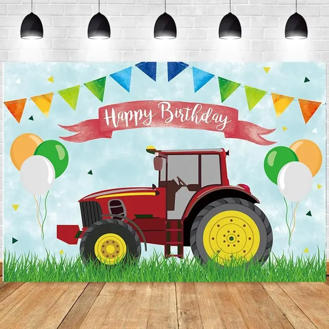 Tractor Theme Happy Birthday Backdrop — Red Tractor, Green Grass