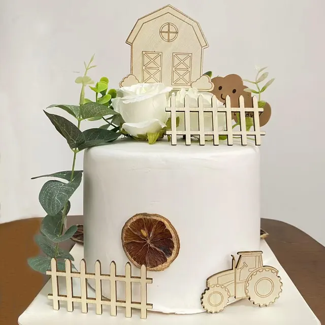Wooden Farm Themed Cake Topper Set — Barn, Tractor, Fence