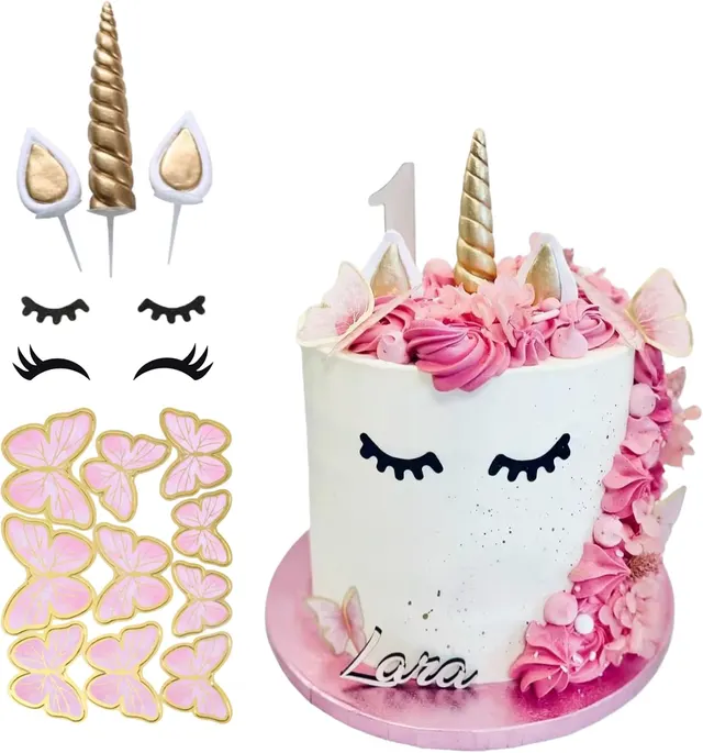 Unicorn Cake Topper Set — Gold Horn, Ears, Eyelashes, Butterflies